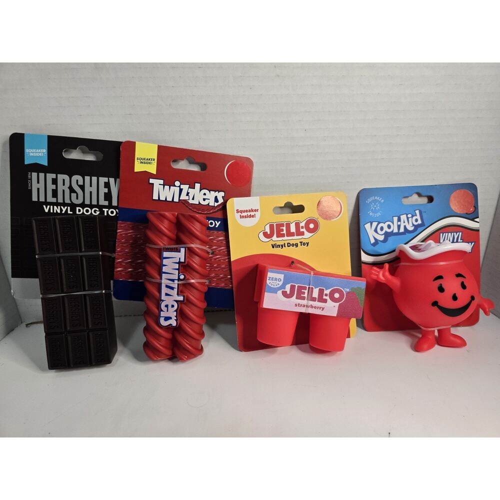 Dog Toys Hersheys bar, Kool-Aid man, Jello, Twizzlers, Vinyl with squeaker